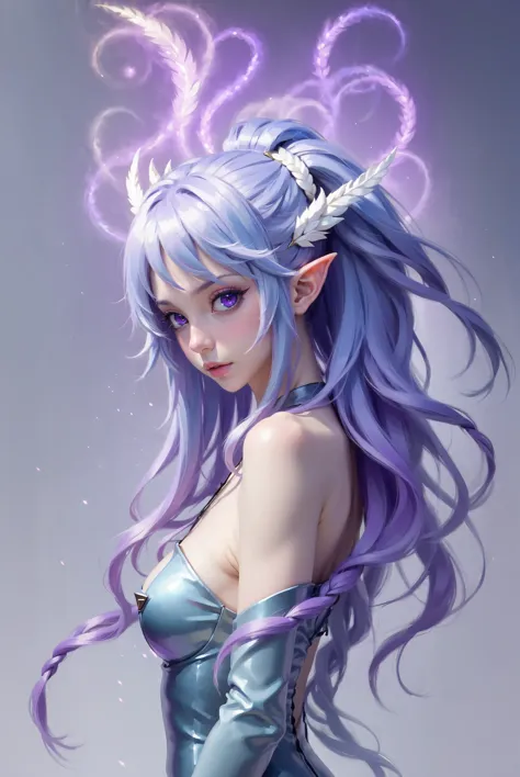 a woman with long purple hair and a blue dress