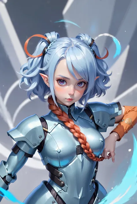 1girl, woman, elf mountain legionnaire lord, (armor:1.3), pauldrons, bombshell hair, sparkling color:lightblue hair with red-orange highlights, Double Braided Buns, thicc hourglass figure, medium breasts, caucasian<lora:EnvyDramaticPortraitXL02:1>