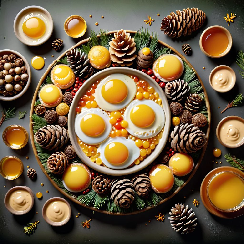 a table topped with bowls filled with different types of food and pine cones on top of it's sides,Arcimboldo,professional food photography,a still life,naturalism,honeymustard,spicy mayo,trypophobia,dvr-honey,made of dvr-honey,ral-friedegg,