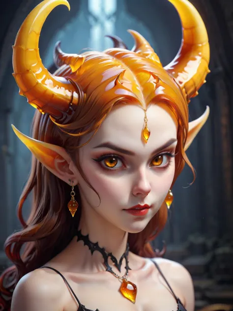 a woman with horns and a necklace in her hair