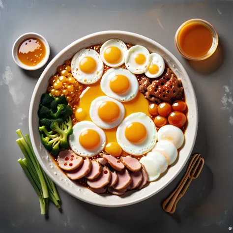 a bowl of food with meat,vegetables,and an egg on top of it with sauces on the side,Choi Buk,sakimichan,a stock photo,dau-al-set...