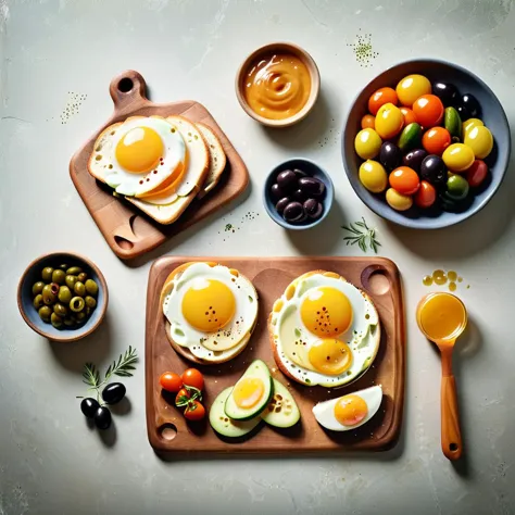 a wooden cutting board topped with two slices of bread covered in veggies and fruit next to a bowl of olives,Claire Dalby,food p...