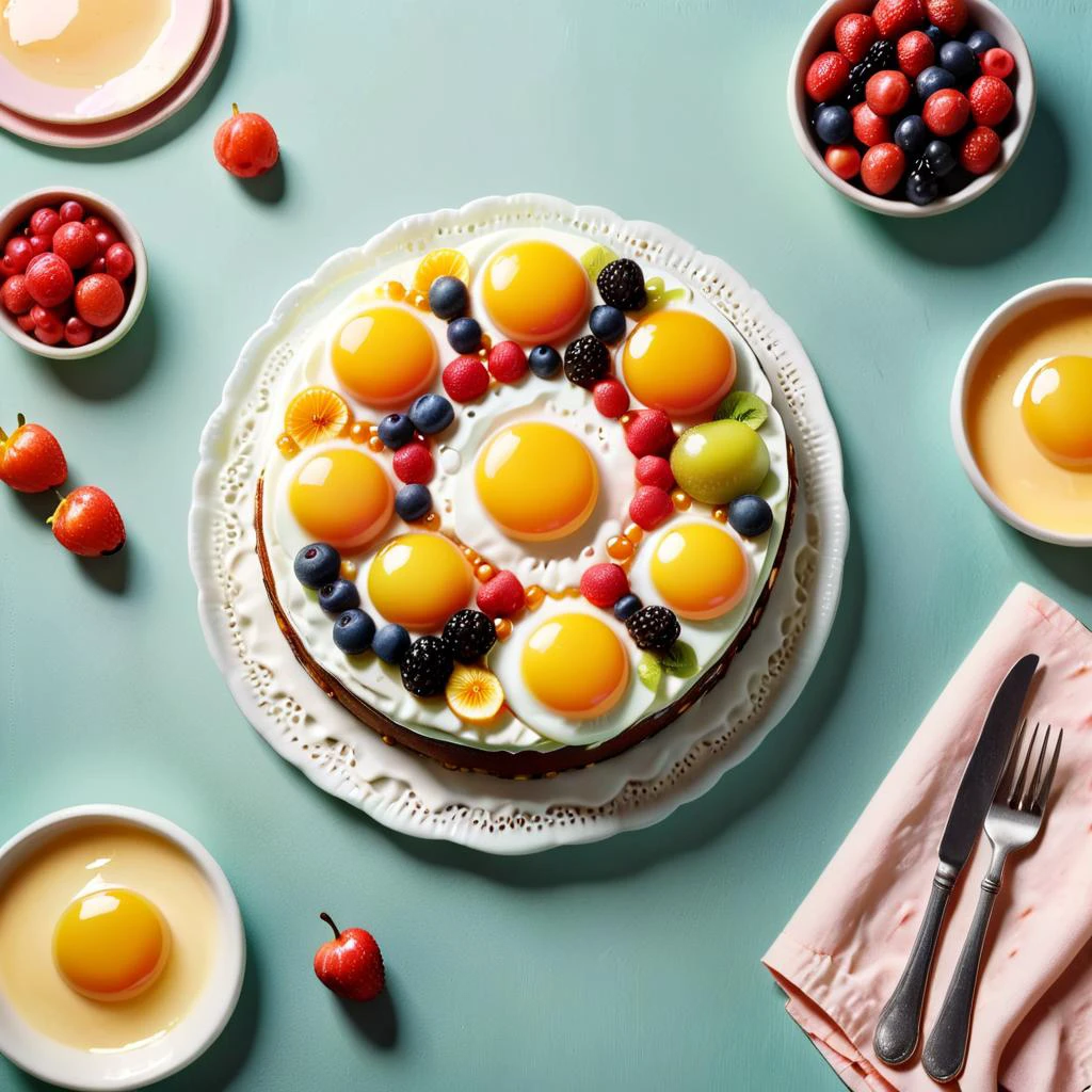 a cake with fruit on top of it on a table with a napkin and a fork and knife next to it,Alice Prin,berries,a pastel,serial art,honeymustard,spicy mayo,trypophobia,dvr-honey,made of dvr-honey,ral-friedegg,