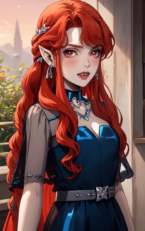 ((masterpiece, best quality)), insaneres, absurdres, solo, looking at viewer, 
BlueDress_Lenore_ownwaifu, 
1girl, long hair, red eyes, blush, pointy ears, lips, breasts,  red hair, hair ornament, braid, fangs, makeup, lipstick, black lips, vampire, very long hair, wavy hair, colored skin, blunt bangs,
cleavage, dress, jewelry, gloves, blue dress, see-through, grey gloves, see-through sleeves, ring,  long dress,  belt, choker, bracelet, 
(portrait, straight-on)<lora:CARTOON_Castlevania_Lenore_ownwaifu:0.8>,
 depth of field, vanishing point, garden, sidelighting,