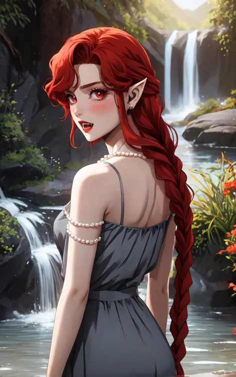 a woman with red hair and a dress standing in front of a waterfall