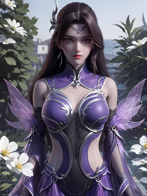 <lora:jmai_20240310174501-000009-06:0.6>,(stand:1.3),upper_body,purple eyes,purple element,purple_dress,front lighting,sunshine shining on the face,simple background,white flowers,hide your hands,hide your hands behind your back,(tindar light:1.3),<lora:Xian-Tæé¨ä¿®å¤lora_v3.0:1>,