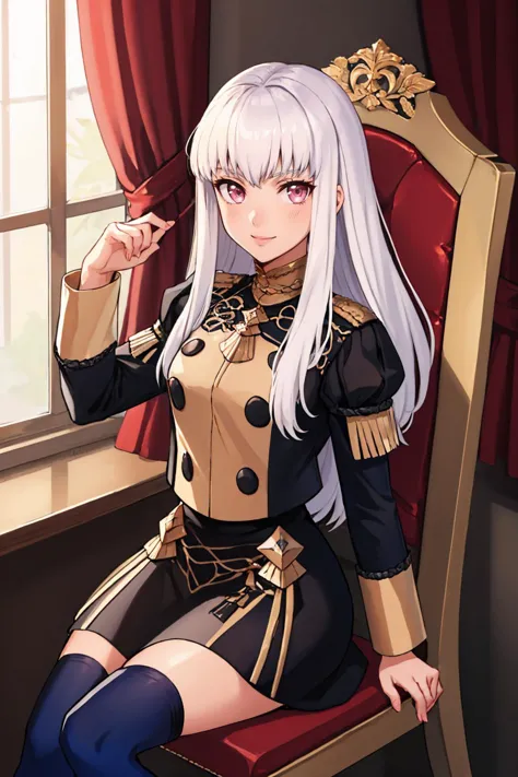 (masterpiece, best quality:1.2), solo, 1girl, lysithea von ordelia, smile, looking at viewer, sitting, chair, long hair, white hair, pink eyes, gmuniform, blue thighhighs <lora:gmuniform-nvwls-v1:1>