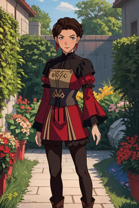 1boy, ClaudeAfter, short brown-hair, embarrassed, sad, (frontal view),(facing viewer):5 , crossdressing. flat-chest:5, makeup dangling earrings, red dress,  corset, detached sleeves, black pantyhose <lora:dorothea-nvwls-v2:0><lora:gmuniform-nvwls-v1:0>, garden, Garreg Mach, <lora:Claude:0>