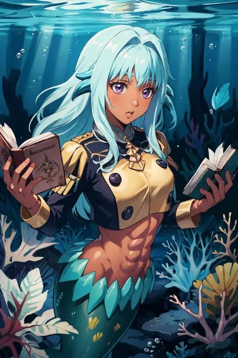 masterpiece, best quality,  <lora:Levia-san_V1-Manityro-dadapt:1> Levia-san, mermaid, monster girl, head fins, dark-skinned female, toned, abs <lora:gmuniform-nvwls-v1:1> gmuniform, underwater, holding book, confused