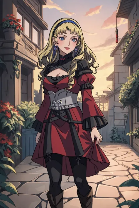 constance_timeskip, hairband, long hair, smiling, makeup, ((dangling earrings)), red dress, cleavage, corset, detached sleeves, black pantyhose<lora:dorothea-nvwls-v2:0><lora:gmuniform-nvwls-v1:0>, garden, Garreg Mach, facing viewer  <lora:constance-nvwls-v1-final:0>