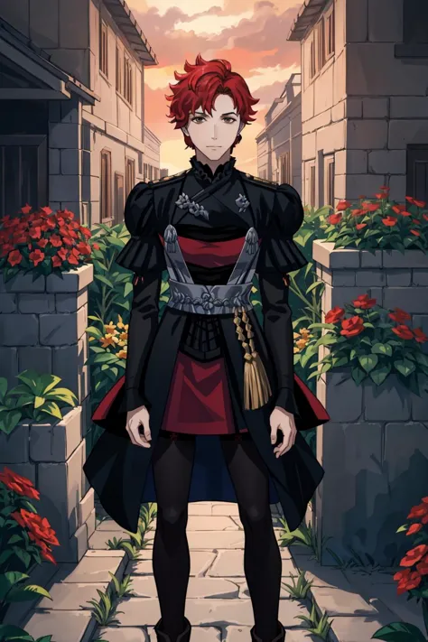 1boy, fesylvain, stoic, (frontal view):5,(facing viewer):5 , crossdressing. flat-chest:5, makeup, dangling earrings, red dress,  corset, detached red sleeves, black pantyhose <lora:dorothea-nvwls-v2:0><lora:gmuniform-nvwls-v1:0>, garden, Garreg Mach,  <lora:fireemblem_sylvain:0>