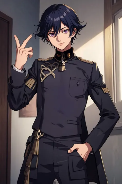 masterpiece, best quality, 1boy, smile, solo, looking at viewer,  <lora:gmuniform-nvwls-v1:1>, gmuniform,   <lora:NaoyaV3:1>, Naoya, hand in pocket, purple eyes,