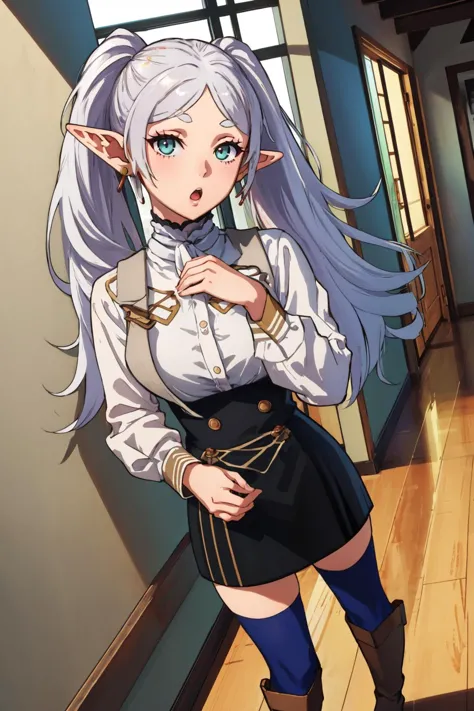 masterpiece, best quality,  <lora:CHAR-Frieren:1> Frieren, twintails, earrings, (white hair:1.5) <lora:gmuniform2-nvwls-v1:1> gmuniform, blue thighhighs, hallway, wooden building, dutch angle, looking at viewer, :o