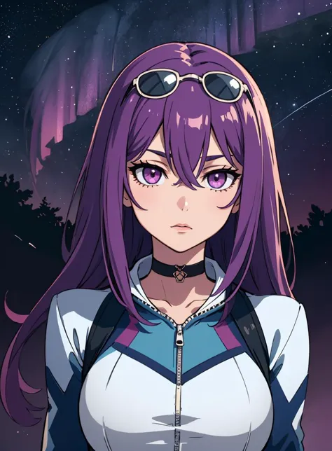 a woman with purple hair and sunglasses standing in front of a night sky