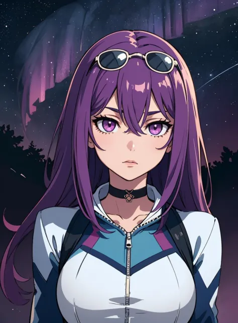 4k, fine detail, masterpiece, high quality eyes, high detail painting, soft shadows, best character art , 1girl, aurora, bangs, black choker, breasts, choker, eyewear on head, galaxy, gloves, hair between eyes, jacket, jewelry, large breasts, light particles, long hair, long sleeves, looking at viewer, milky way, night, night sky, pink eyes, purple eyes, purple hair, shooting star, sidelocks, sky, solo, space, star \(sky\), starry background, starry sky, sunglasses, upper body