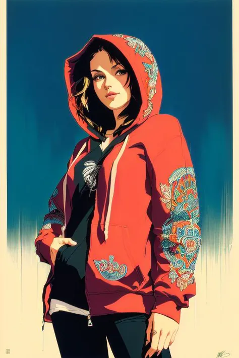 a woman in a red hoodie standing in front of a blue sky