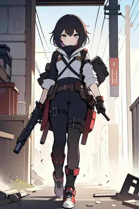 1girl, solo, a girl walking fast in a large destroyed city, the blaster at her side is her best bet to shoot beasts lurking in t...