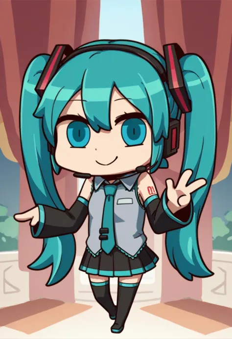 score_9, score_8_up, score_7_up, chibi, april fools, solo, 1girl, hatsune miku, smile, twintails, headset, sleeveless shirt, nec...