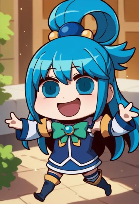 score_9, score_8_up, score_7_up, chibi, april fools, solo, 1girl, aqua \(konosuba\), kono subarashii sekai ni shukufuku wo!, happy, blue hair, hair rings, blue eyes, sleeveless shirt, green bow, detached sleeves, miniskirt, thigh boots <lora:style_fgoaprilfools_ponyXL:1>