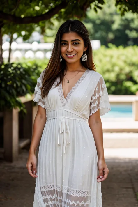 a woman in a white dress standing under a tree