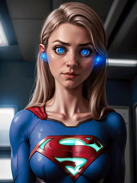 <lora:Digital_Earwig:0.6> 1/2 body shot,
Meslissa Benoist is Bizarro Supergirl,  wearing a digital earwig, glowing blue eyes, hy...