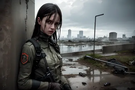 best quality, masterpiece, (realistic:1.2), 1woman, post apocalypse, detailed face, detailed eyes, wet dark hair, surprised expression, dirty skin, detailed dirty soldier clothes, wet clothes, leaning back against the wall, dramatic, vibrant, sharp focus, ...