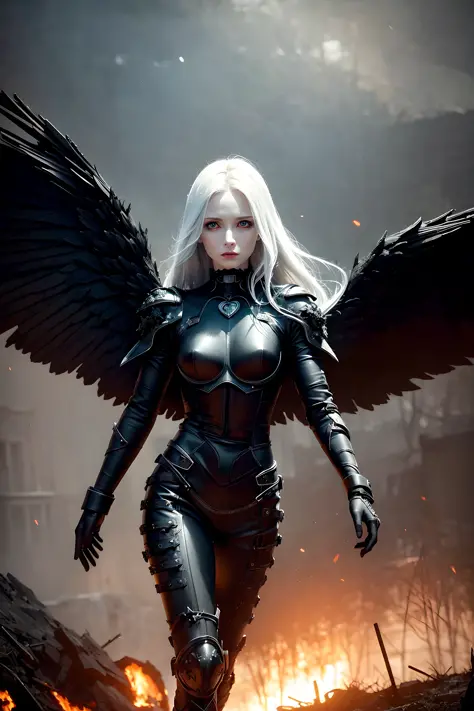 best quality, masterpiece, (realistic:1.2), 1woman as dark angel with realistic dark angel wings, post apocalypse, detailed face, detailed eyes, white hair, strict expression, detailed pale skin, intricate dark angel armor, walking over intricate (burning ...