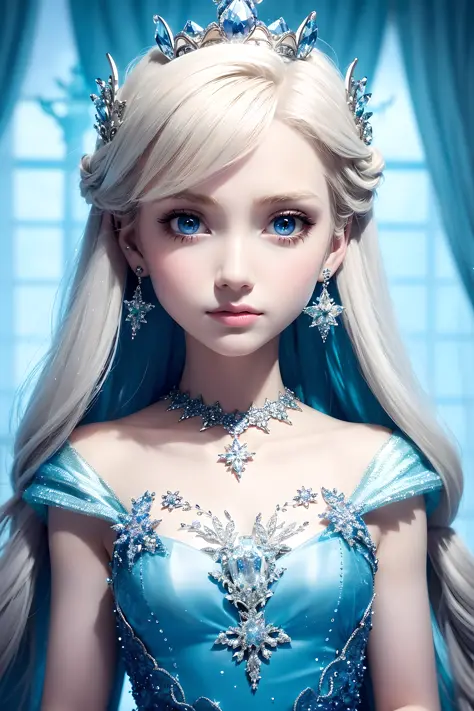 best quality, masterpiece, pixar, frozen, 1girl, intricate ice princess dress, detailed crown, beautiful face, detailed face, blue eyes, blonde hair, sharp look, necklace, earrings, symmetrical, front, dramatic, vibrant, sharp focus