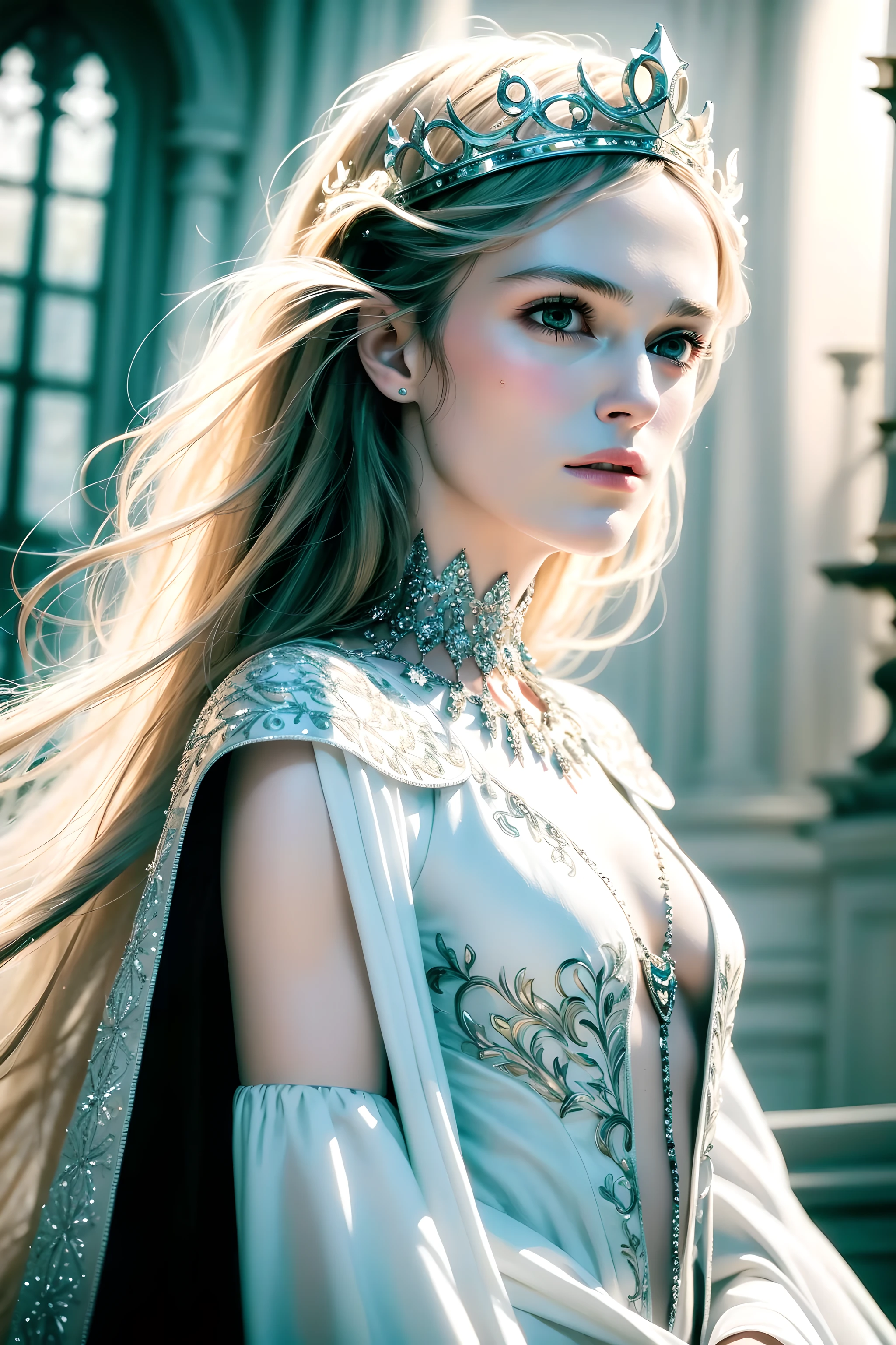 melhor qualidade, Obra de arte, (realista:1.2), jovem Keira Knightley como rainha branca, rosto detalhado, olhos detalhados, cabelo flutuante detalhado, expressão estrita, pele detalhada, vestido de rainha branco intrincado, Dramático, vibrante, foco nitído