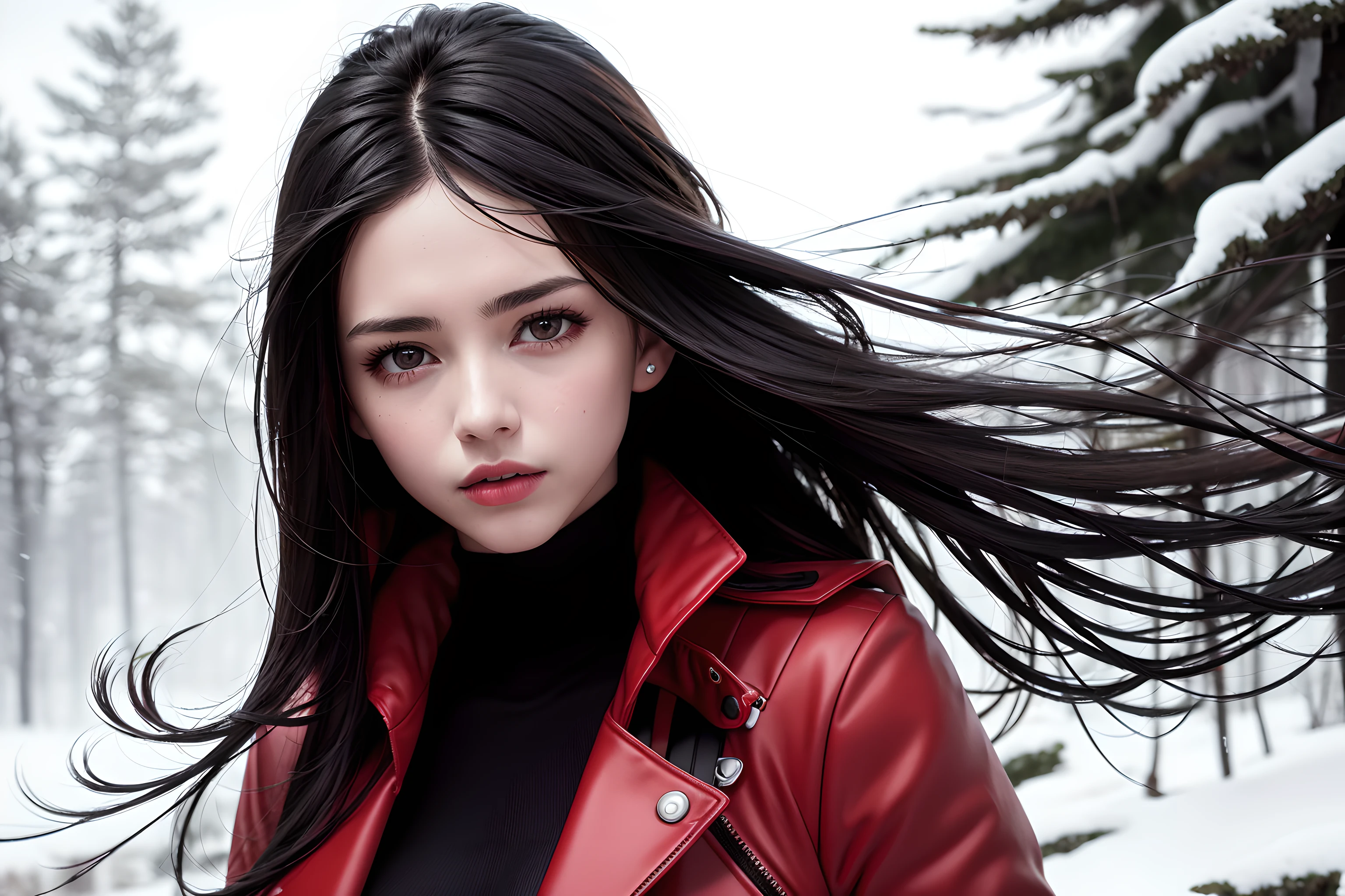 best quality, masterpiece, (realistic:1.2), (waist up) fashion photo of 1girl, beautiful face, detailed face, detailed eyes, soft skin, black hair, real hair movement in wind, red winter jacket, gloves, dramatic, vibrant, sharp focus, hdr, intricate winter nature environment