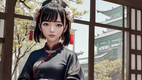 masterpiece,extremely detailed CG unity 8k wallpaper,best quality,original figure painting,chinese style architecture,upper body,arms behind back,solo,1 girl,medium breasts,black hair,messy hair,swept bangs,an extremely delicate and beautiful,Beautiful and...
