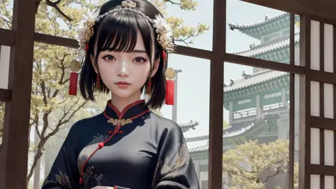 masterpiece,extremely detailed CG unity 8k wallpaper,best quality,original figure painting,chinese style architecture,upper body,arms behind back,solo,1 girl,medium breasts,black hair,messy hair,swept bangs,an extremely delicate and beautiful,Beautiful and detailed eye description,Beautiful and detailed facial depiction,standing,embroidery,blue winter Taoist robe,china dress,Han Chinese Clothing,detailed clothes,Hair accessories,detailed face,Look at the audience