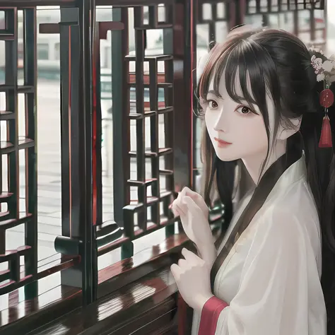 ru_qun, hanfu, ((masterpiece)), best quality, 1girl, clear details, original_outfit, mature female, multicolored hair, (black hair:1.4 AND red hair:1.1), hair between eyes, (wavy hair), (temple in the background), (detailed chinese style tassel), (((beauti...