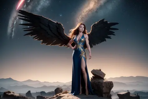 best quality, masterpiece, full shot, full body, Hip level shot of (fit beautiful female wizard wearing ornate blue and gold dress) 1girl, brown hair, blue eyes, long hair, medium breasts, floating above a rocky desert mesa, posing, power pose, halo, angel...