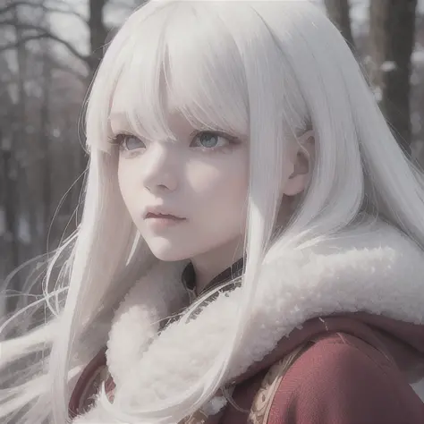 best quality, masterpiece, White hair,detailed, red eyes, windy, floating hair, snowy, upper body, detailed face, winter, trees, sunshine