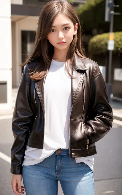 a 19 years old girl, best quality, masterpiece, (realistic:1.2), 1 girl, brown hair, brown eyes,Front, detailed face and breast, beautiful eyes, small breast <lora:koreanDollLikeness_v15:0.1>, white jacket, jeans, fashion, smaller head, fashion girl, wrink...