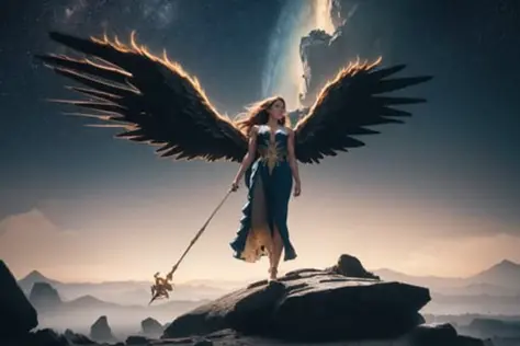 best quality, masterpiece, full shot, full body, Hip level shot of (fit beautiful female wizard wearing ornate blue and gold dress) 1girl, brown hair, blue eyes, long hair, floating above a rocky desert mesa, posing, power pose, halo, golden_glow (white angel wings:1.1), haughty expression, looking into the distance, (vibrant rock striations), (mountain spires:1.2), (flying:1.3) in an intricate detailed vivid starfield, comets and (psychedelic nebula:1.2) in background, (ripped:0.3) and toned body, (muscular female:1.0), (night:1.2), (blue hour:0.3) vivid vibrant dark detailed HDR galactic background, (god rays:0.4), streaks of light, side lighting, vibrant colors (photorealistic:1.2), (film grain:1.0), Highly detailed cinematic film still from Gravity 2013