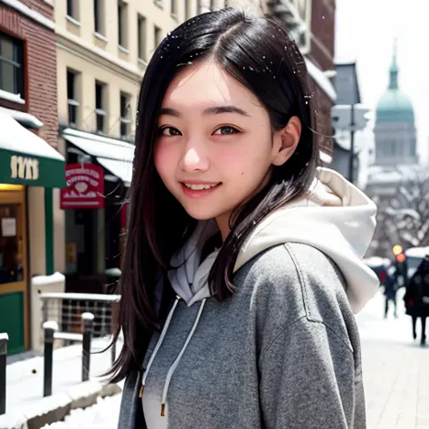 best quality, masterpiece, (realistic:1.2), 1 girl, black hair, brown eyes Front, detailed face, smile, beautiful eyes, white shirt, hoodie, snowy city background