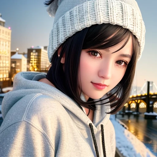 best quality, masterpiece, (realistic:1.2), 1 girl, black hair, short hair, dark eyes, wool beanie, detailed face, smile, beautiful eyes, wink, white shirt, hoodie, snowy city background, modelshoot style, (extremely detailed CG unity 8k wallpaper),modelshoot style, (extremely detailed CG unity 8k wallpaper),