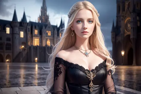 best quality, masterpiece, (realistic:1.2), young  woman, a lady,noble,waist up, Middle Ages style, detailed face, detailed eyes, detailed long floating blonde hair, strict expression, detailed skin, lady clothes,necklace,earring,look at viewer, dramatic, vibrant, sharp focus,  Middle Ages environment,castle,palace,50mm,F1.2, EOS-1D X Mark III,(half body:1.2),(in the night),standing,(complex background:1.6),makeup