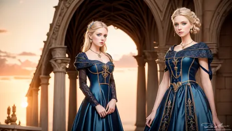 best quality, masterpiece, (realistic:1.2), young  woman, a lady,noble,waist up, Middle Ages style, detailed face, detailed blue eyes, detailed updo blonde hair, strict expression, detailed skin, (detailed  Court dress:1.2),necklace,earring,look at viewer, dramatic, vibrant, sharp focus,  Middle Ages environment,castle,palace,50mm,F1.2, EOS-1D X Mark III,(half body:1.2),standing,(complex background:1.6),(makeup:1.2),(sunset:1.2)