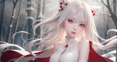 best quality, masterpiece, White hair, detailed, red eyes, windy, floating hair, snowy, upper body, detailed face, winter, trees, sunshine, midriff
 <lora:chilloutmixss20_v20:0.3> <lora:Korean-doll-likeness:0.2>