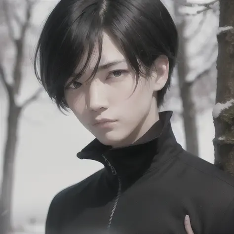 best quality, masterpiece, black hair,detailed, red eyes, windy, floating hair, snowy, short hair,upper body, detailed face, winter, trees, sunshine,1 man,senior suit