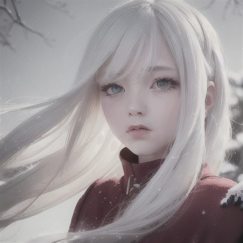 best quality, masterpiece, White hair,detailed, red eyes, windy, floating hair, snowy, upper body, detailed face, winter, trees, sunshine