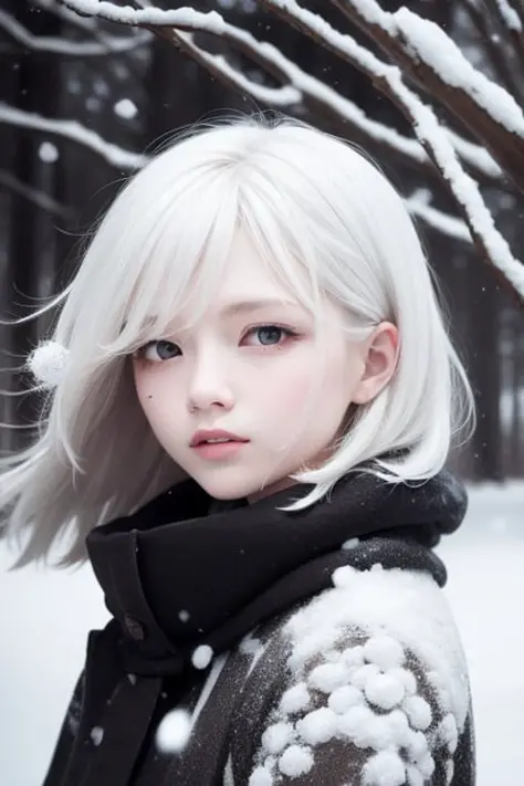 best quality, masterpiece, White hair,detailed, red eyes, windy, floating hair, snowy, upper body, detailed face, winter, trees,...