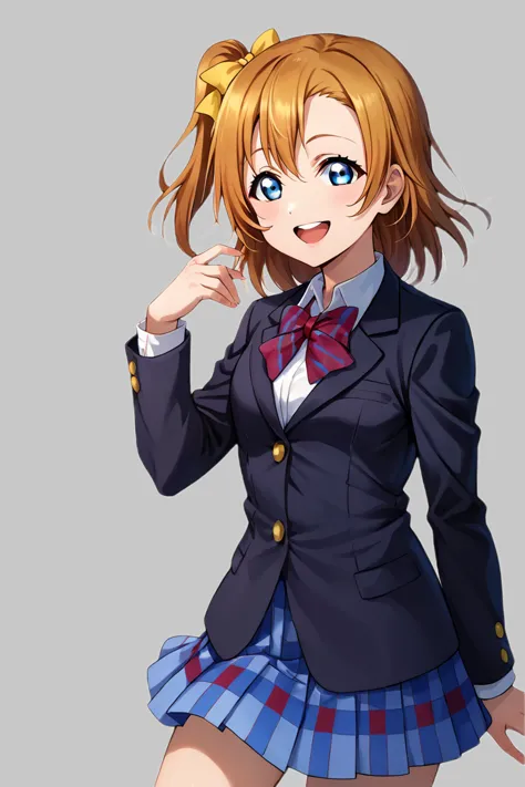 score_9, score_8_up, score_7_up, source_anime BREAK 1girl, solo, lovelive_honoka, cowboy shot, school uniform, black blazer, plaid skirt, one side up, yellow hair bow, red bowtie, medium hair, brown hair, blue eyes, looking at you, smile, open mouth, simple background, <lora:lovelive_honoka:1>