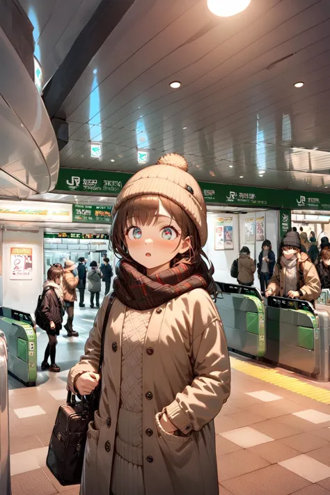 anime character in a coat and hat standing in a subway station