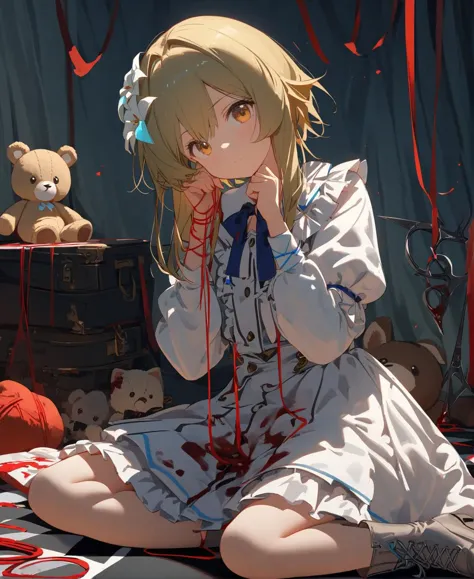 best quality,masterpiece,(Lumine:1.5),
1girl,dress,grey eyes,blood,white dress,1girl,joints,scissors,bow,stuffed toy,boots,looking at viewer,stuffed animal,string of fate,ribbon,solo,long sleeves,string,puffy sleeves,bangs,sitting,yarn,checkered floor,frills,grey footwear,blue satin ribbon,<lora:cns2i2de878c73fo5mug:1>,