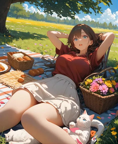 anime girl laying on a blanket with a basket of food