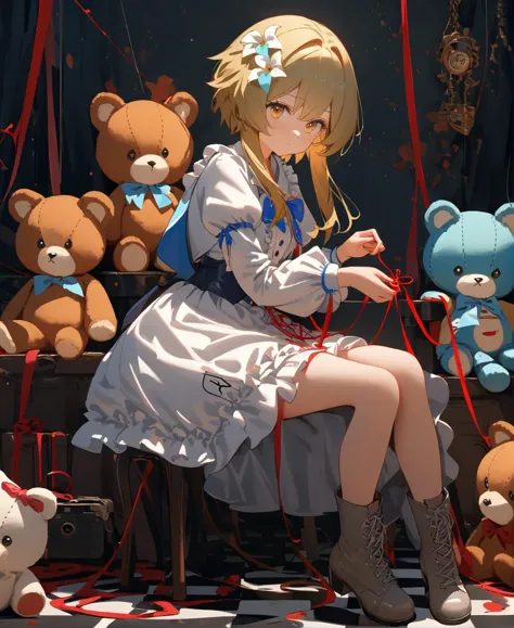 there is a woman sitting on a bench with a bunch of stuffed animals